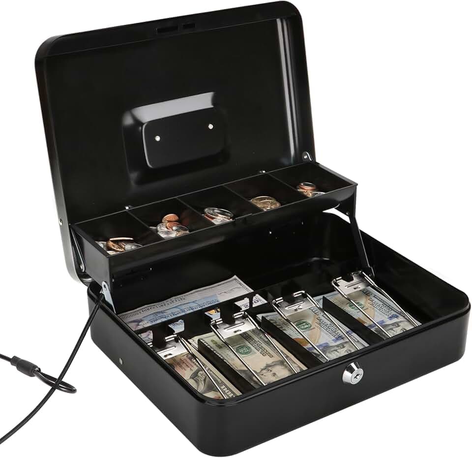 Jssmst Large Locking Cash Box with Money Tray, Lock Box with Security Cable Metal Money Box with Lock, Black
