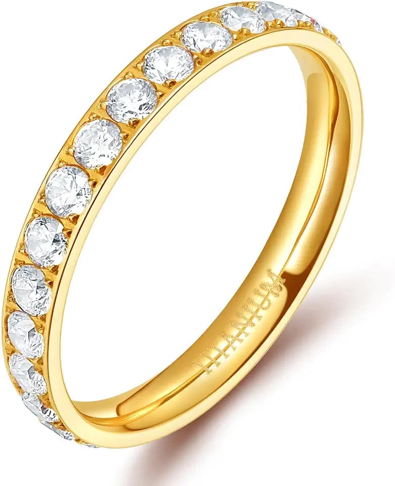 TIGRADE 3mm Women Titanium Engagement Ring Cubic Zirconia Eternity Wedding Band Size 3-13.5