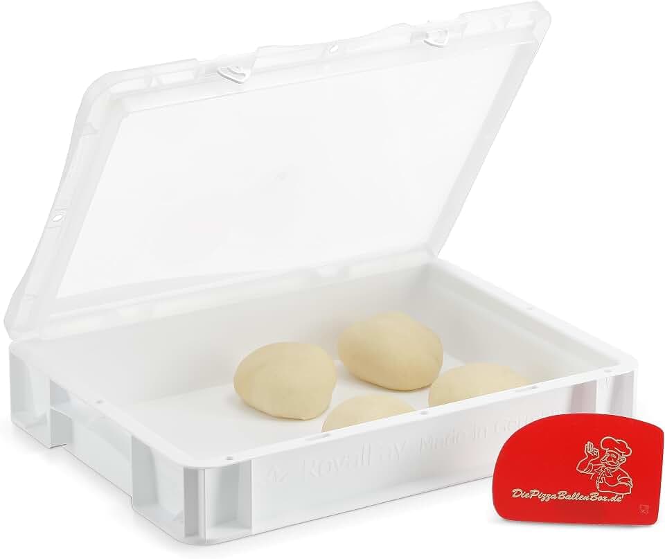 Pizzaballenbox 30×40×8,5 cm – Teigbox aus lebensmittelechtem Kunststoff mit atmungsaktivem Klappdeckel – stapelbare Gärbox für Pizzateig – Made in Germany