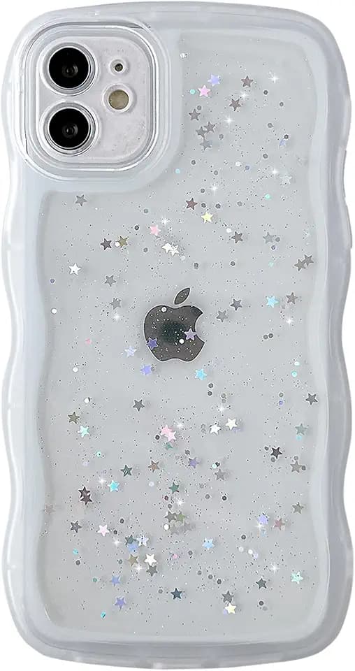 Qokey for iPhone 12 Case 6.1" Curly Wave Edge Design Transparent Bling Glitter Star Shiny Cute Clear Transparent Full Protection Soft TPU Shockproof Phone Cover for Women Girls, Clear