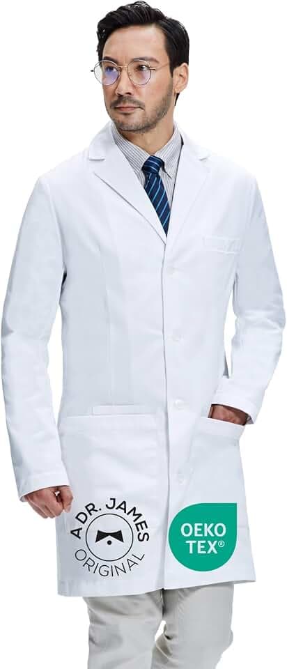 Dr. James Laborkittel Herren Premium, Taillierte Passform, Smartphone- & Tablet-Taschen, Klassischer Knopfverschluss, Slim Fit, Professioneller Arztkittel für Klinik & Labor