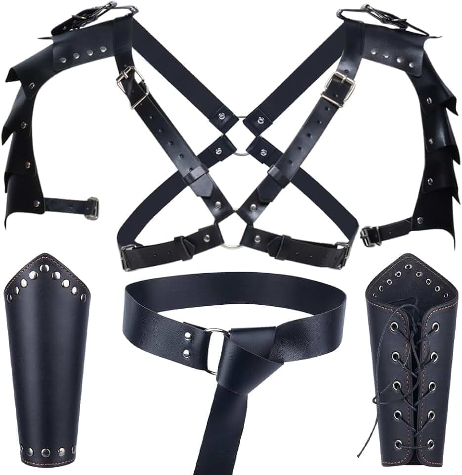 GORGECRAFT 4-Teiliges Mittelalterliches Ritterkostüm-Zubehörset Leder-Schulterpanzer Verstellbarer Gürtel Armschützer Aus PU-Leder Stulpen Armband-Set Halloween-Krieger Cosplay-Outfit Schwarz
