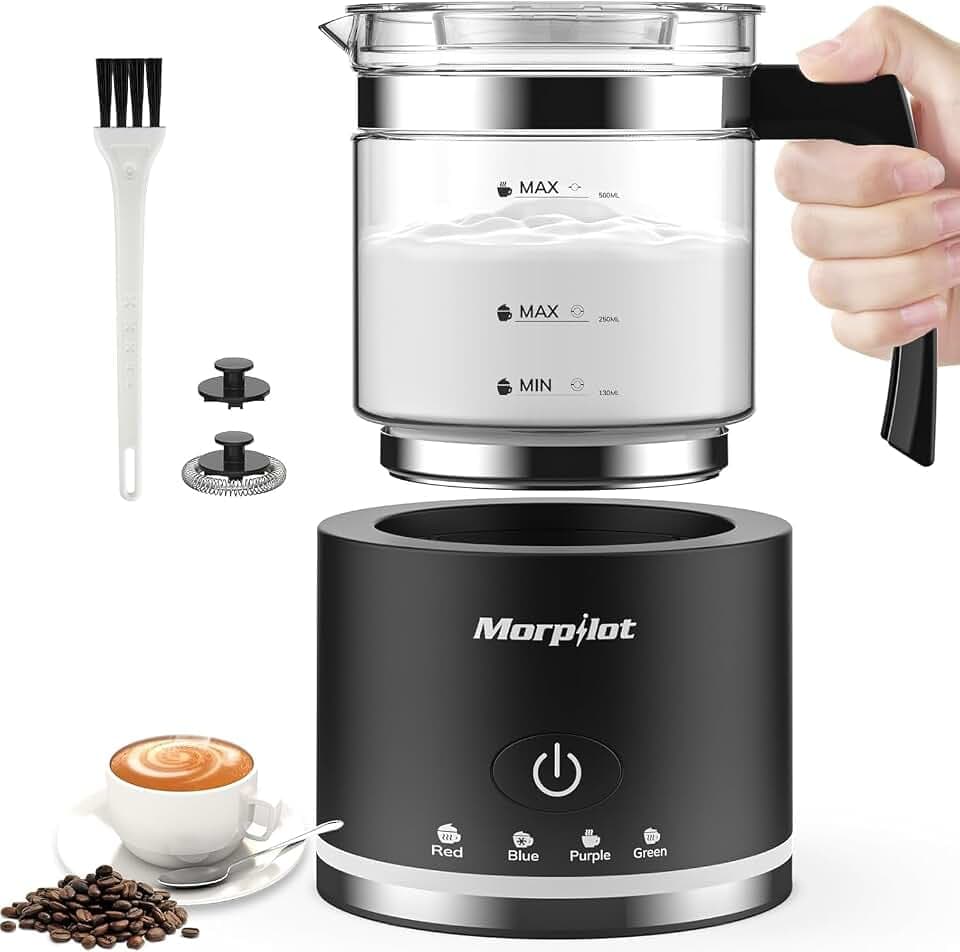 Morpilot Milchaufschäumer Elektrisch, 600W 130-500ml, 4 in 1 Milchschäumer für Heißer und Kalter, Spülmaschinenfest, Latte-Design, Visuelles Glas, Schwarz