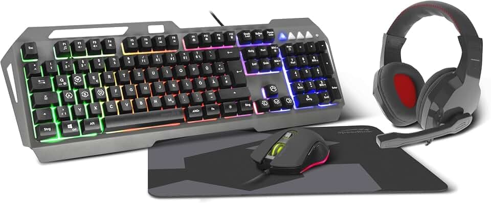 Speedlink LUNERA 4in1 Illuminated RGB Gaming Set – vierteiliges PC Tastatur und Maus Set mit Kabel, Headset und Mauspad, LED Gamer Beleuchtung, QWERTZ Layout Deutsch, schwarz