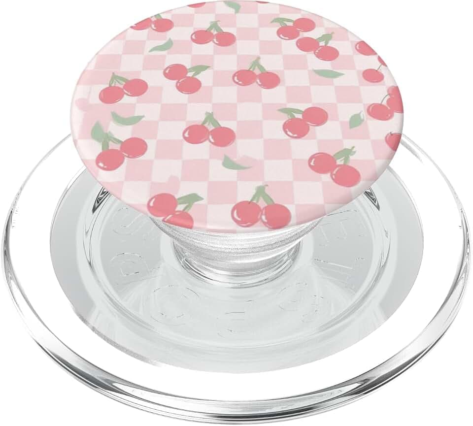 Pink Gingham Cherry Pattern PopSockets PopGrip for MagSafe