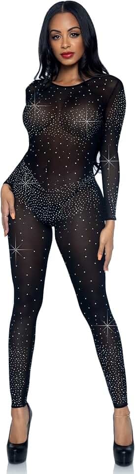 LEG AVENUE Sheer Rhinestone Bodysuit Black M