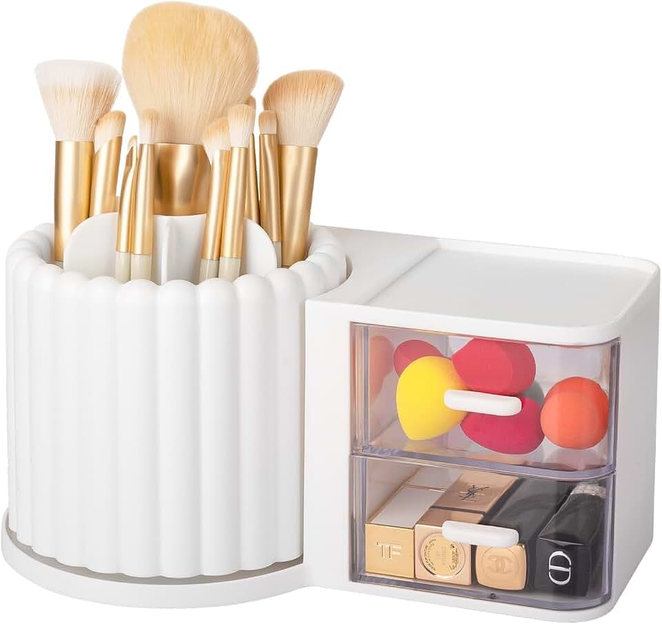 Rotating Makeup Brush Holder Organizer with Removable Dividers, White