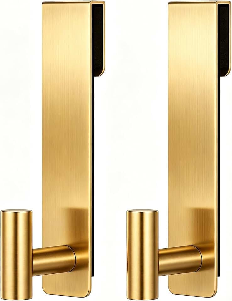 HUFEEOH 2-Pack Over The Door Hooks, Stainless Steel Door Hanger for Towels & Coats, Bathroom Towel Rack Coat Rack, Tool-Free Hooks for Hanging (Gold, Fits 3/8" Thick Door - T Shape 2 Pack)