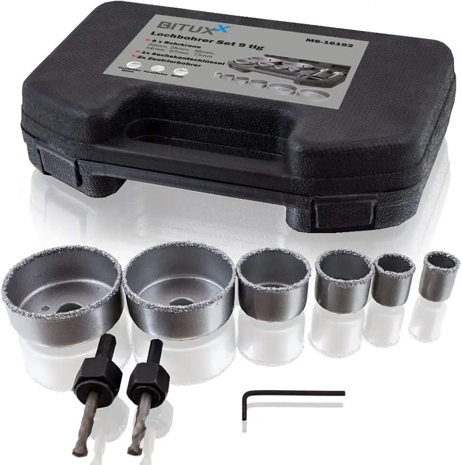 BITUXX® 9 teiliges Lochbohrer Lochsäge Betonlochbohrer Steinlochbohrer Dosenbohrer Bohrkrone Bohrwerkzeug Bohrer Set 22-73mm
