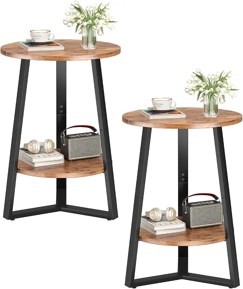 sthmec Small Round End Table Set of 2,2 Tier Side Table Set 2 with Storage Shlef,Coffee Table Wooden Tabletop & Metal Frame,Accent Table Small Nightstands Couch Tables Livingroom Bedroom,Rustic Brown