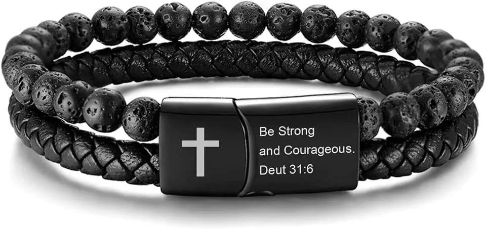 Men's Cross Bracelet for Men : Inspirational Bible Verse Black Leather Bracelets Christian Catholic Religious Jewelry Gifts Ideas for Man, Healing Lava Rock Bead Cross Bracelet Leather Wristband