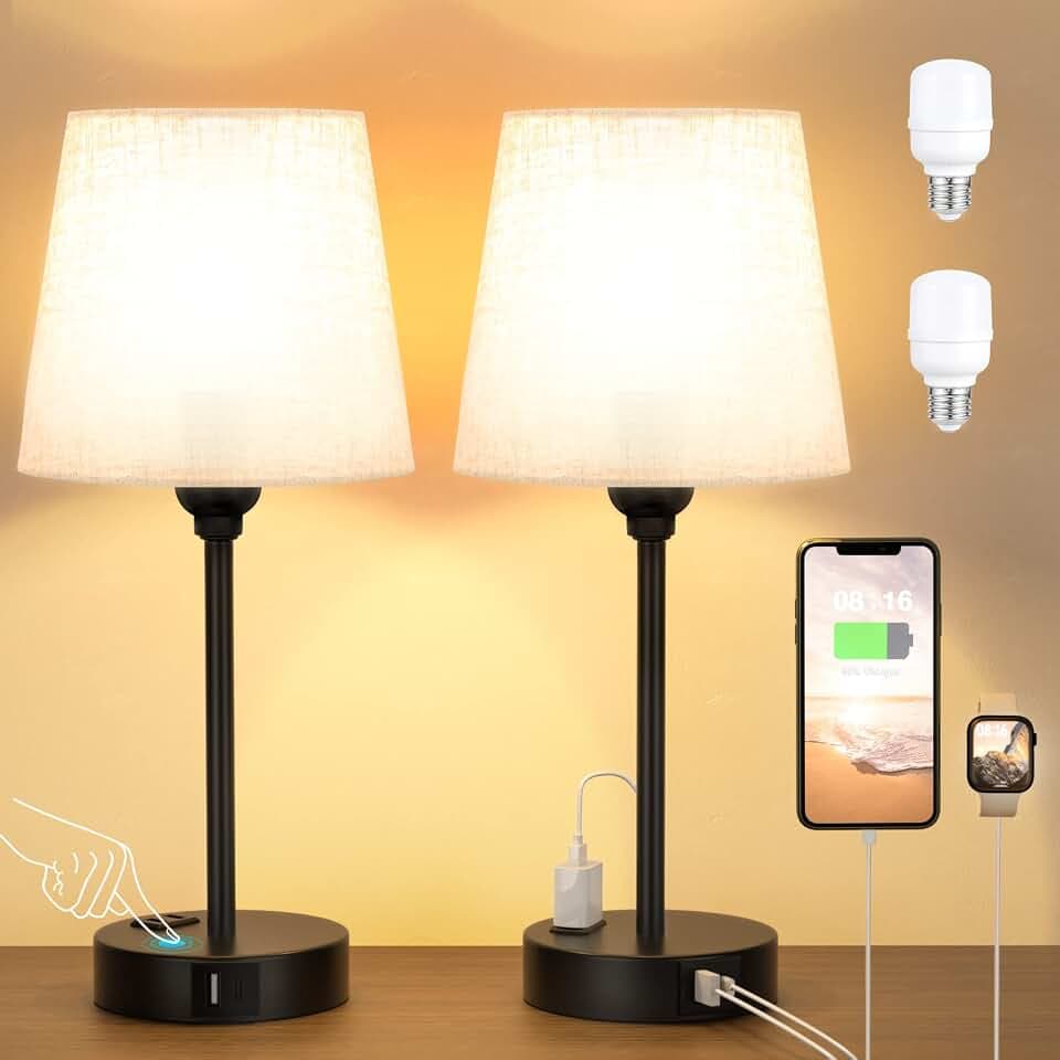Bedside Table Lamps Set 2 for Bedroom - Dimmable Touch, USB C+A, AC Outlet