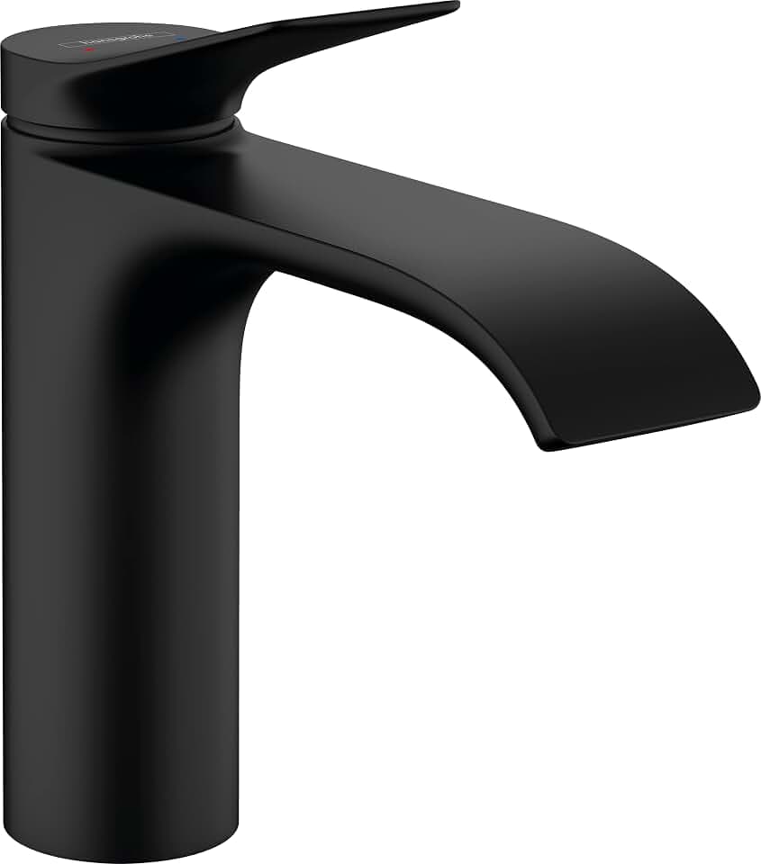 hansgrohe Vivenis - Waschtischarmatur mit Zugstangen-Ablauf, Wasserhahn Bad mit Auslaufhöhe 110 mm, Mischbatterie Waschbecken wassersparend (EcoSmart), Matt Schwarz, 75020670