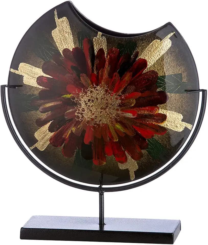 Glas Art runde Vase Dekovase auf Metallfuß - Deko Wohnzimmer - Geschenk für Frauen Geburtstag - handbemalt Farbe: grün rot Gold - Höhe 37 cm