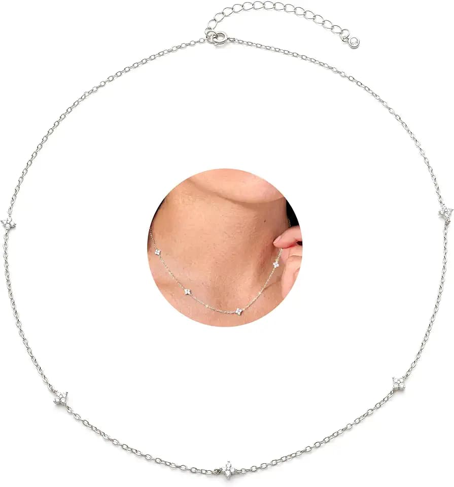 Krfy Station Choker Necklaces for Women, Dainty 16K Gold Plated Silver Clover Necklace, Trendy Sparkle Cute Opal Turquoise Clear CZ Flower Stack Necklace Chain Layered Jewelry Non Tarnish Gift for Her