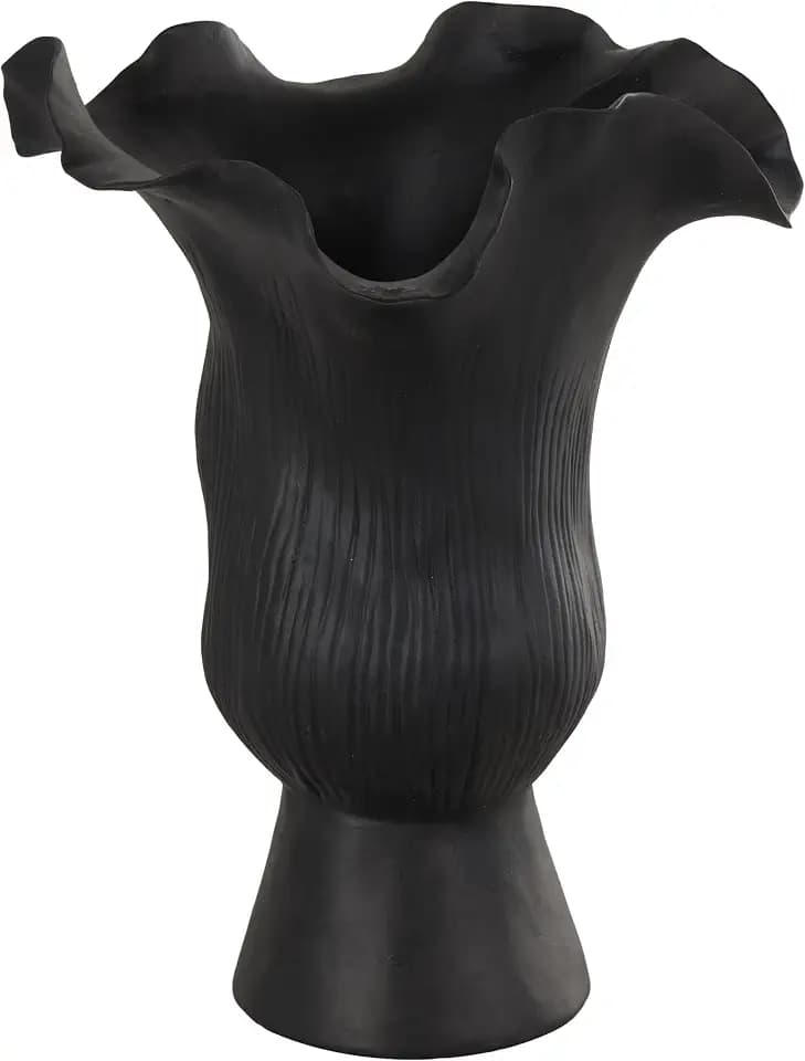 Deco 79 Ceramic Abstract Floral Inspired Vase with Wavy Folded Rim and Linear Grooves, 8" x 7" x 11", Black