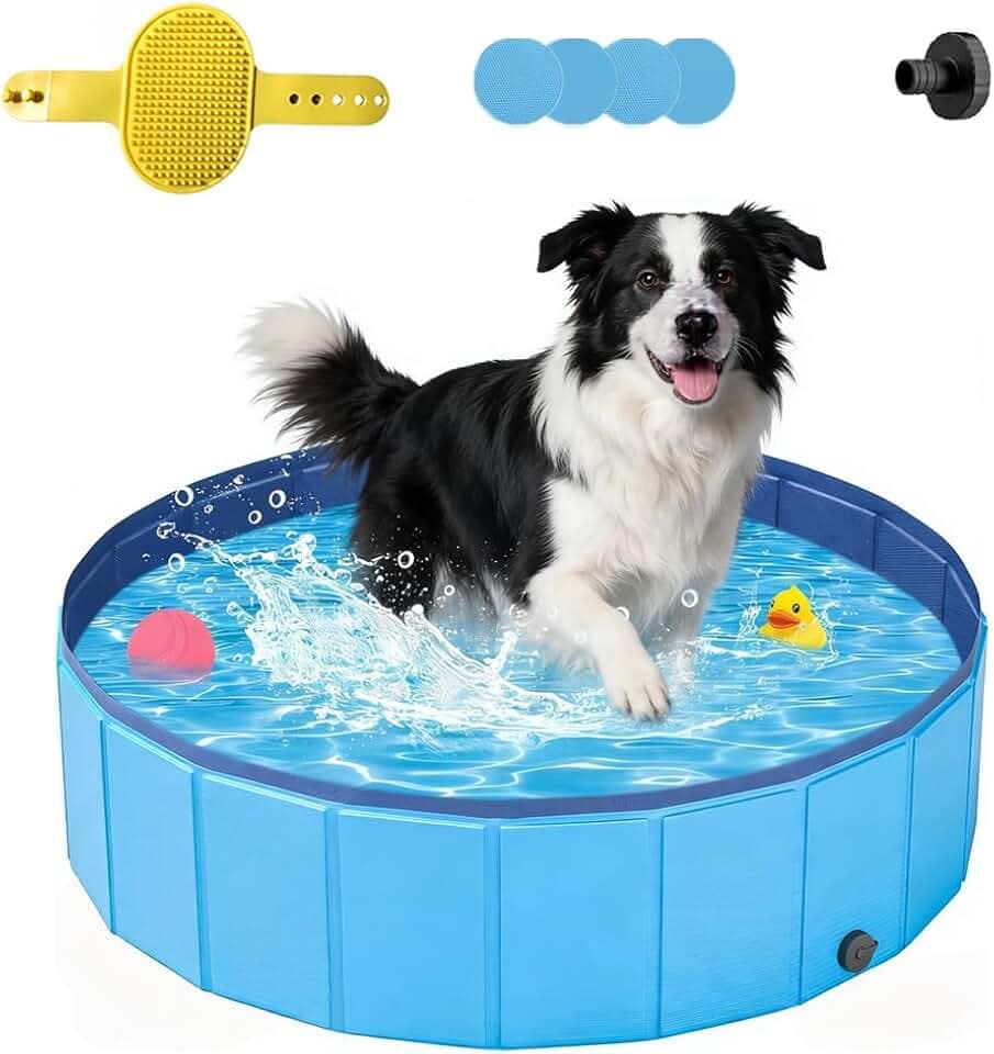 Hundepool 120x30cm, Hundepool Faltbar, Hundeplanschbecken, aus kratzfestem PVC-Material,Anti-Rutsch-Belag & schnelle,Entleerung, Keine Pumpe benötigt, mit Badebürste Ablassventil PVC-Aufnäher x 4