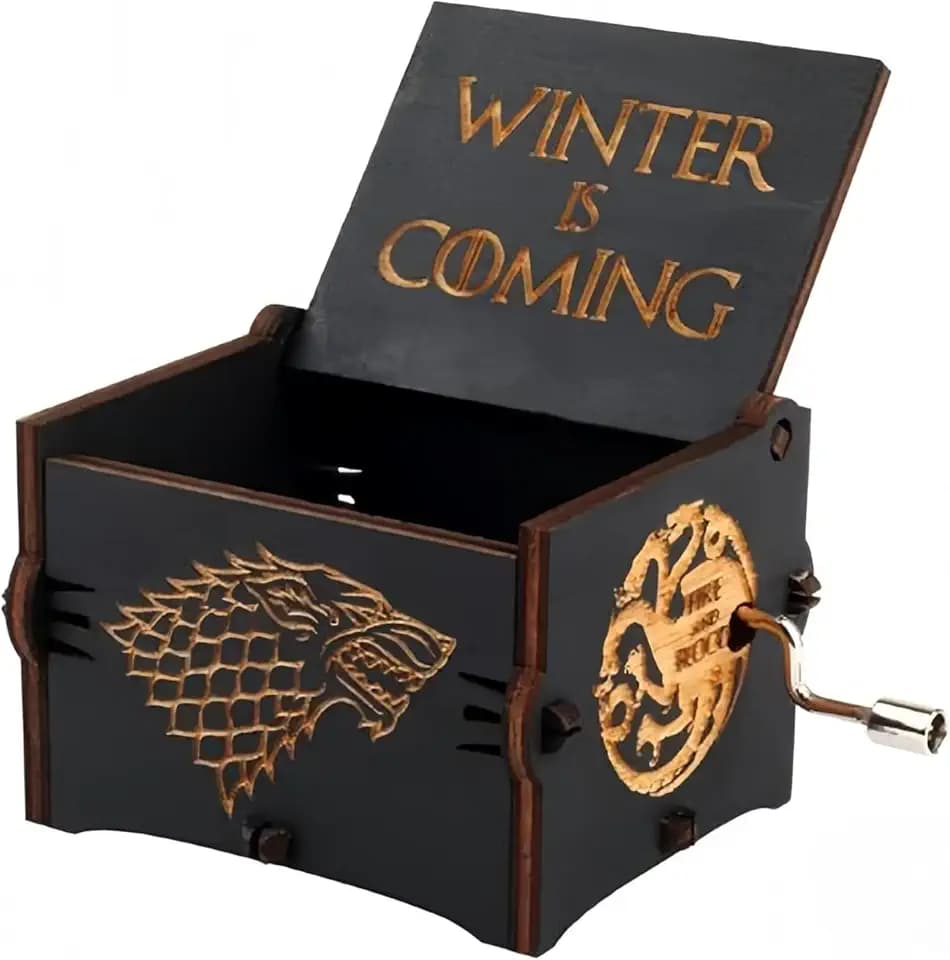Spieluhr aus Holz, graviert, Handkurbel, Musikspielzeug, Winter is Coming Melodie tolles Geschenk für GOT-Fans, Ehemann, Freund, Vater, Mann, Schwarz, Valentinstagsgeschenk