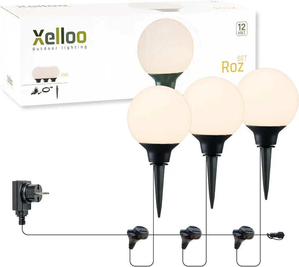 Xelloo® Gartenleuchten Set ROZ, 12 Volt, 3 Stück Designarmaturen 1W LED warmweiß mit Erdspieß, wasserdicht (IP44) und mit praktischem Schiebeanschluss