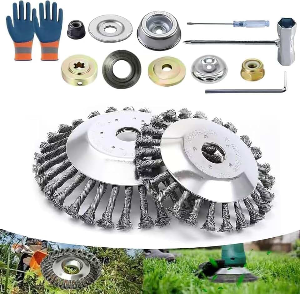 Unkrautbürste für Rasentrimmer, 2 Stücke Motorsense Drahtbürste 6+8Zoll, Profi Unkrautbürste Freischneider, Wildkrautbürste, Freischneider Zubehör Jäten Drahtbürste