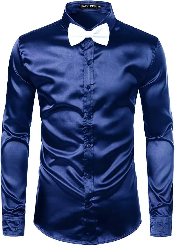PARKLEES Herren Glänzend Slim Fit Satin Langarmhemd Frezeit Business Hemd für Party Nachtclub