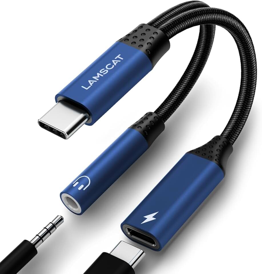 USB C auf Klinke Adapter und Laden, 2in1 Typ C auf 3.5mm Adapter Kopfhörer Android Handy PD60W Schnellladung für Samsung S22/S21/, Pixel 7/7pro/6, pad Mini 6 und mehr (blau)