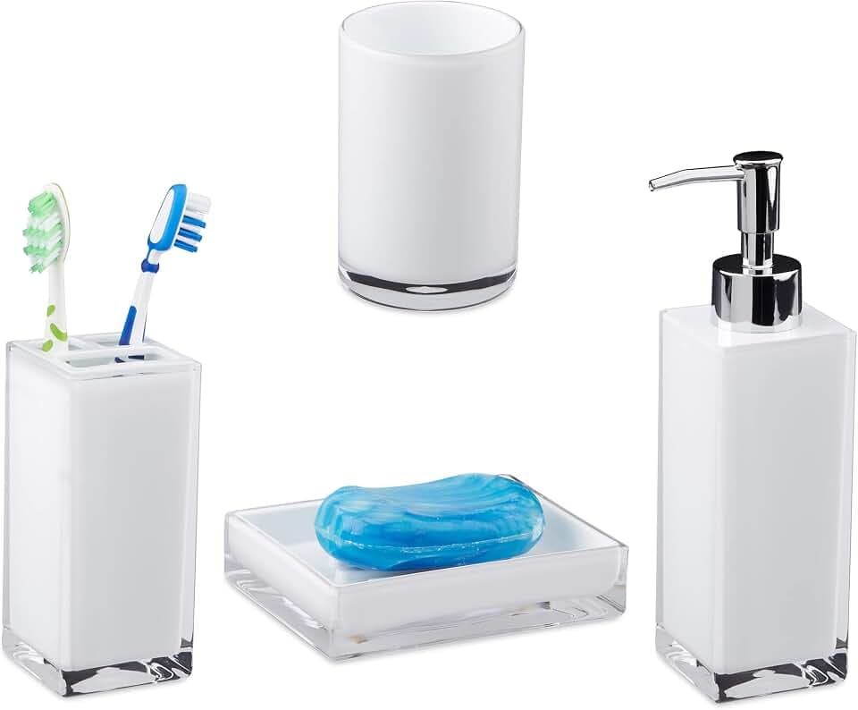 Relaxdays Badaccessoires Set 4-teilig, modern, Zahnputzbecher, Zahnbürstenhalter, Seifenspender, Seifenschale, weiß, 9 x 12 x 19.5 cm