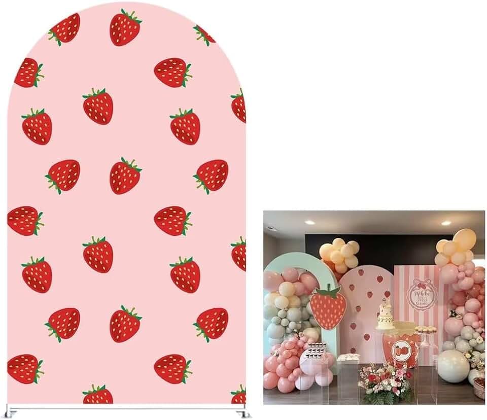 Pink Strawberry Theme Arch Backdrop Covers Sweet Strawberry Arch Stand Fabric Cover for Girl Birthday Baby Shower Party Decoration(Only Cover)