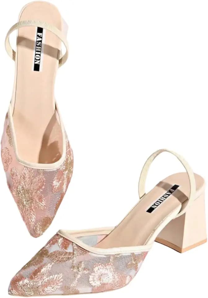 GORGLITTER Women's Lace Slingback Kitten Heels Pointed Toe Pumps Shoes