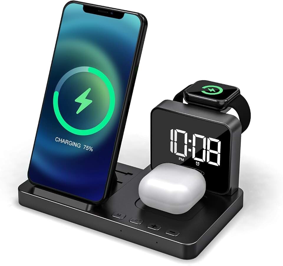 Reflexion 4 in 1 Wireless Charger mit Uhr & Wecker | Kabellose Ladestation für Smartphone, Apple Watch & Kopfhörer | 15W Schnellladen | Dual-Weckfunktion | USB-C Anschluss | Kompakt & Modern
