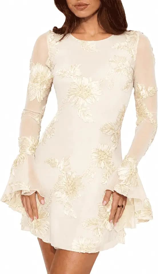 Women’s Floral Embroidered Mesh Mini Dress Long Bell Sleeve Bodycon Crew Neck Cocktail Party Dress