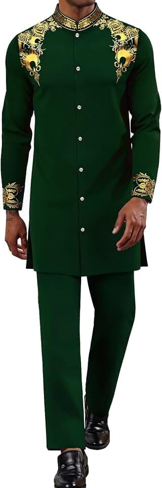 Mens African 2 Piece Set Nigerian Dashiki Metallic Traditional Suit Outfit