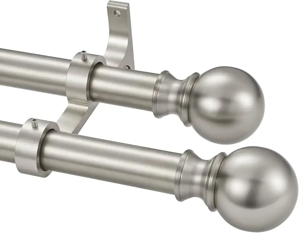 Double Window Curtain Rods, 1Inch Back and Front Rod, 36-72” Adjustable Length, With Same Size Round Finials Dual Curtain Rod, Matte Nickel