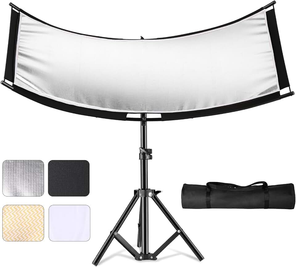 Clamshell Lichtreflektor Diffusor U Form Gebogener Reflektor Portrait Reflektoren mit Lichtstativ Kit 180x60cm Groß Gebogener mit Tragetasche für Studiobeleuchtung Silber/Gold/Schwarz/Weiß