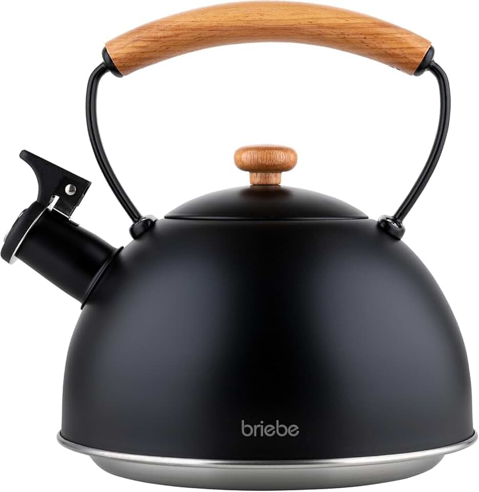 briebe Nordic Wasserkessel Induktion 2,3L, Flötenkessel, Edelstahl Teekessel Retro Alle Herdarten, GlasKeramikherd, Gas, Elektroherd, Holzgriff Cool-Touch, für Tee Kaffee, Tea pot, Schwarz