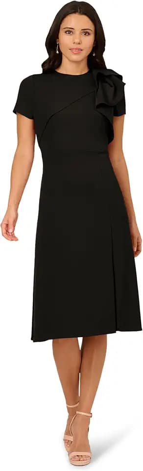 Adrianna Papell Women's Short Sleeve Crepe Midi Dress with Ruffle Shoulder
