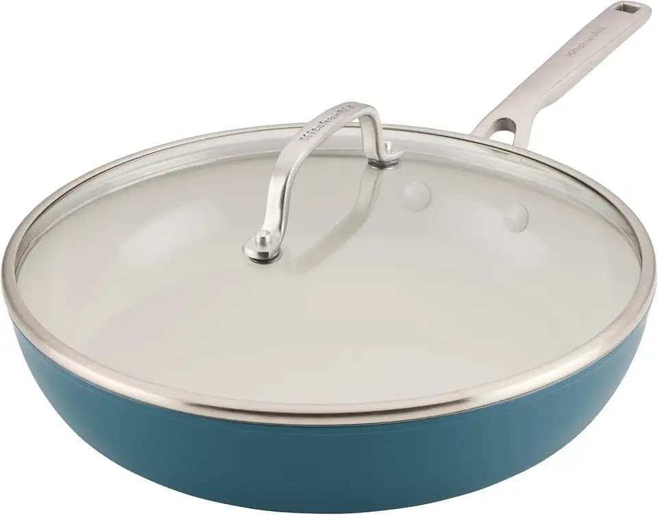 KitchenAid Hard Anodized Ceramic Induction Nonstick Cookware Frying Pan/Skillet with Lid, Dishwasher Safe, 12.25 Inch Non Stick Fry Pan with Stainless Steel Handle - Agave Blue