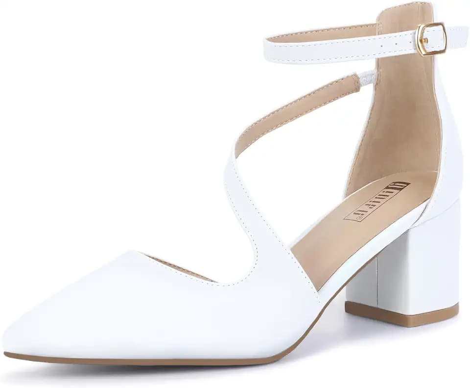 IDIFU IN2 Women's Pumps - Closed Toe, Chunky Block Heels, Ankle Strap, Pointed Toe Dressy Shoes for Work, Wedding, Prom