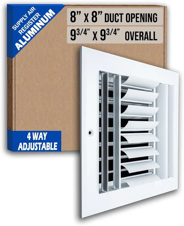 Fits 8x8 Duct Opening Aluminum 4-Way Adjustable Air Supply Grille by Handua | Curved Blade Register Vent Cover for Sidewall & Ceiling | White | Outer Size: 9.75" X 9.75"