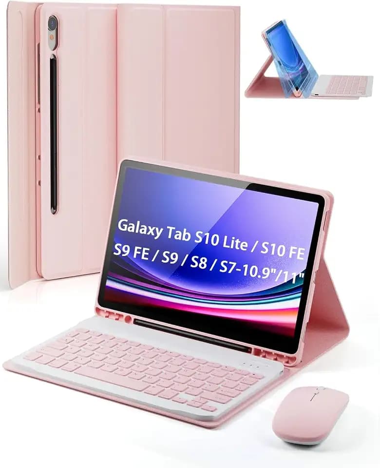 TUNKARMOR Case Keyboard for Samsung Galaxy Tab S10 Lite / S10 FE / S9 FE / S9 / S8 / S7 10.9"/11" Built-in Pencil Holder with Mouse (Pink)
