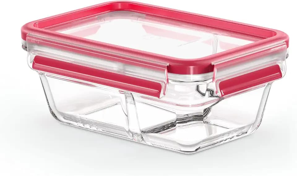EMSA Clip & Close Glas Frischhaltedose, rechteckig, 0,8 L, 100 Prozent dicht, rutschfestes Stapeln, Glasbehälter spülmaschinen-, gefrier-, backofen-, mikrowellenfest, Rot, Transparent, N10407
