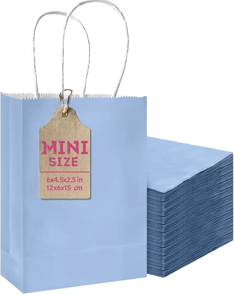 qiqee 24PCS Mini Gift Bag with Handles Bulk 4.5"x2.5"x6" Gift Bags Light Blue Bags Multiple Uses
