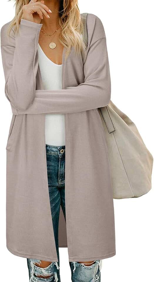 OUGES Damen Langarm Strickjacke Lang Leicht Cardigan Casual Strickmantel mit Taschen