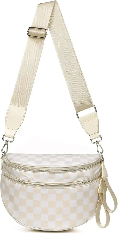 DIOMO Bum Bags for Women, RFID Checkered Crossbody Bags with Silver Zipper, Nylon Plus Size Fanny Packs Travel Purse