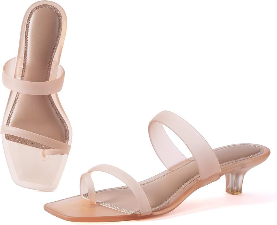 Women Kitten Heel Sandals Flip Flop Heels Miami Toe Loop Waterproof Summer Beach Pool Small Clear Jelly Square Toe Thong Transparent Quick-Dry Comfort