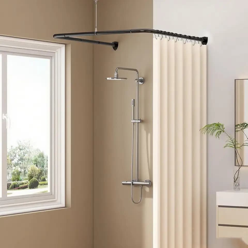 Duschstange, U Form Duschvorhangstange Einstellbare 70-95cm Badewanne Duschstange Ohne Bohren Schwarz Duschvorhang Halterung für Badezimmer Deckenunterstützung