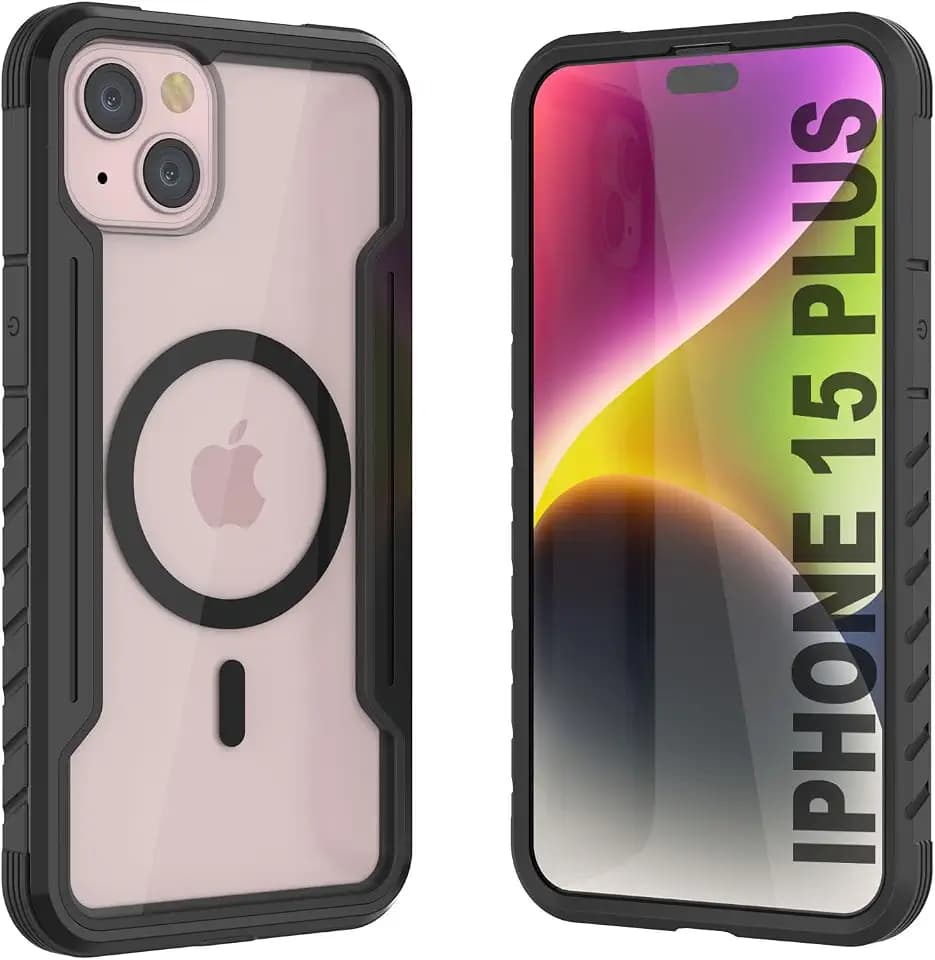 Punkcase Schutzhülle für iPhone 15 Plus [Armor Stealth-Serie], militärische Qualität, mit Aluminiumrahmen, transparente Rückseite, ultimativer Fallschutz für iPhone 15+ Plus (6,7 Zoll) (2023), Schwarz