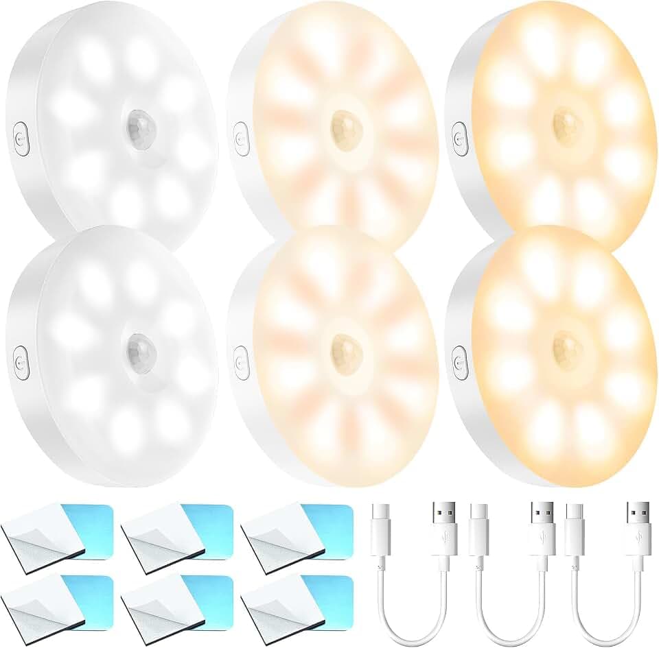 6pcs USB Wiederaufladbares Nachtlicht mit Bewegungsmelder - 3 Farben lampe mit bewegungsmelder innen Warmlicht LED-Licht,Schrankbeleuchtung für Treppenbeleuchtung,Schlafzimmer, Küche,Kinderzimmer