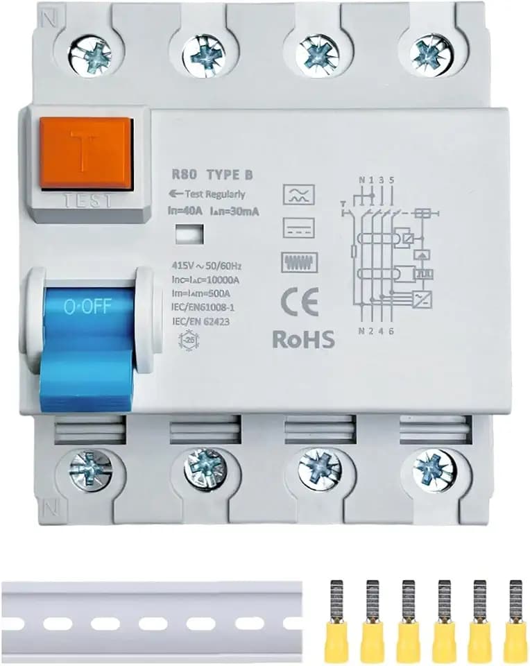 FI Schutzschalter 40A - 30mA / 4-Polig/Typ B Fehlerstromschutzschalter, RCD 40A 30mA 4 Polig, Automat Sicherung, DIN Hutschiene für Wallboxen Ladestationen