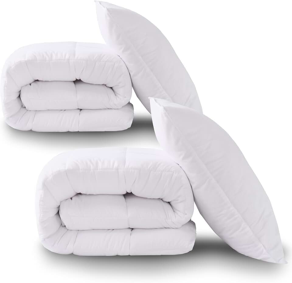 HIG Bettdecke 135x200cm 2er Set mit Kissen–2 Ganzjahresdecke mit 250GSM Mikrofaserfüllung, 2 Kopfkissen 80x80cm, Oeko-Tex Zertifiziert, Kuschelweich Waschbar für Schlafzimmer Gästezimmer Ferienwohnung